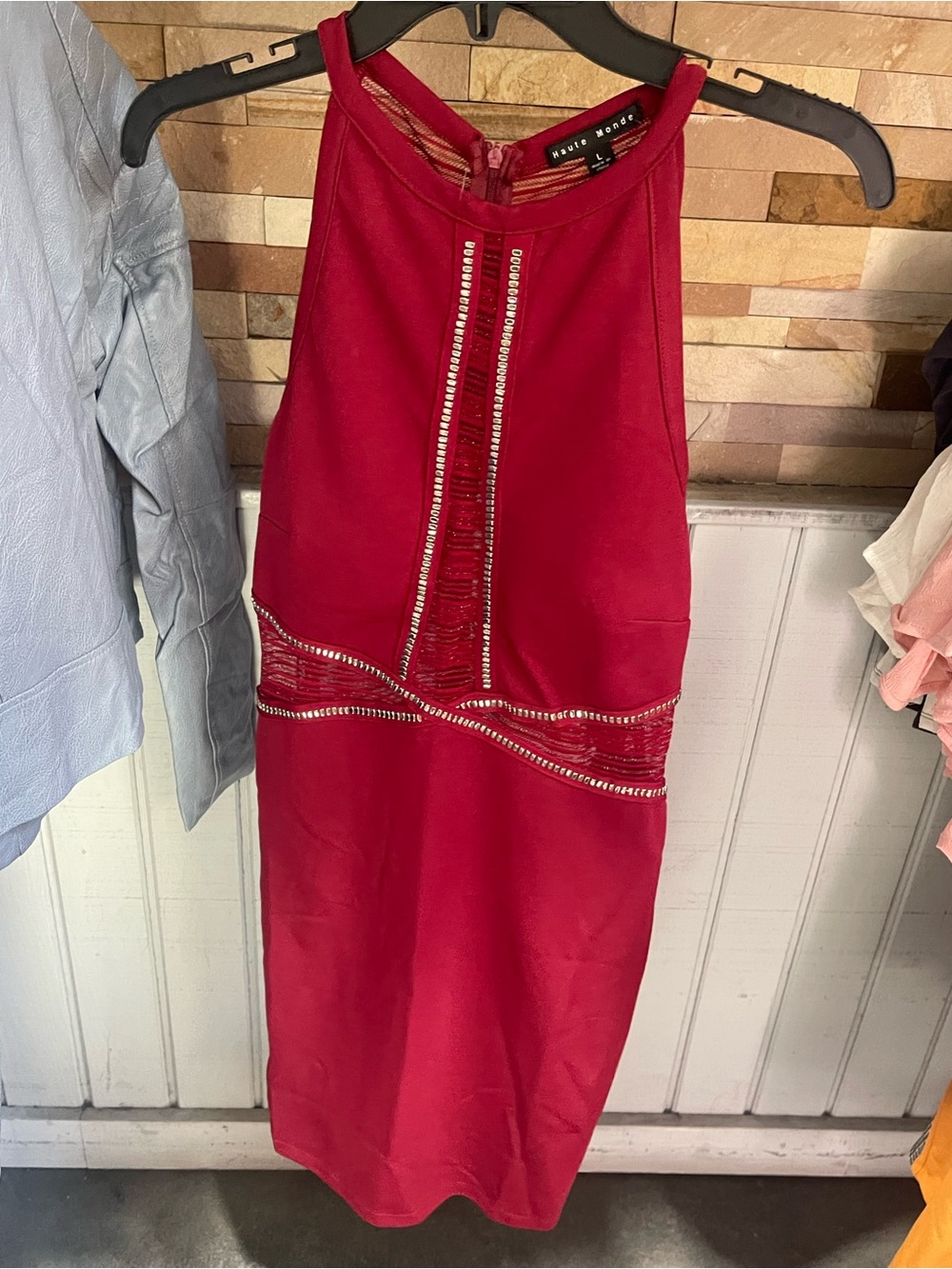Haute Monde Crimson Midi Dress with Embellished Trim